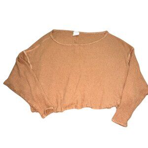 By Together Waflle Knit Raw Bottom Cropped Shirt-Brown-M/L-GUC